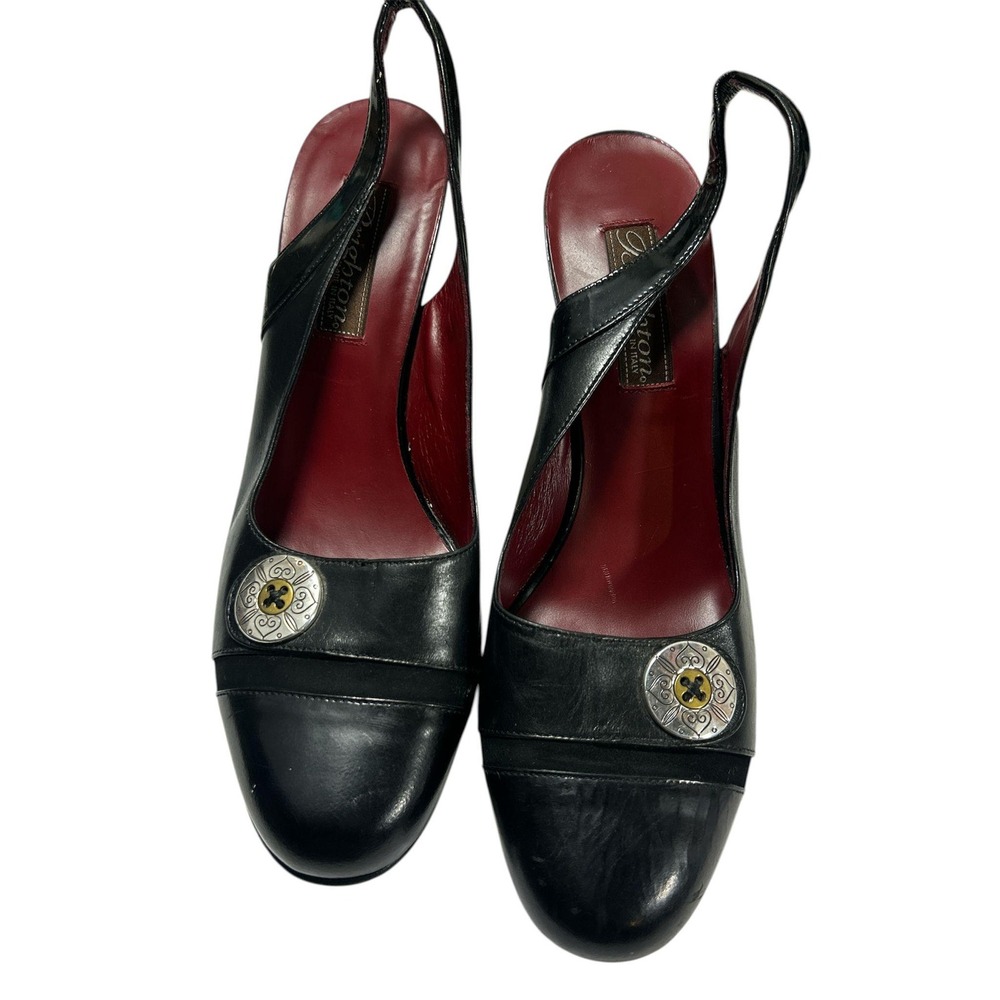 Brighton Bree Black Leather Slingback Heels Made in Italy Silver Hardware 8.5M - Picture 4 of 14